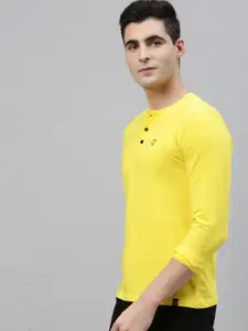Urbano Fashion Men Yellow Solid Henley Neck Pure Cotton T-shirt