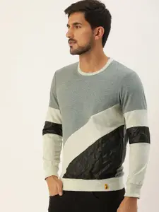 Campus Sutra Men Grey Melange & Off-White Colourblocked Quilted Bio Wash Sweatshirt