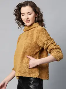 SASSAFRAS Women Mustard Brown Faux Fur Solid Sweatshirt