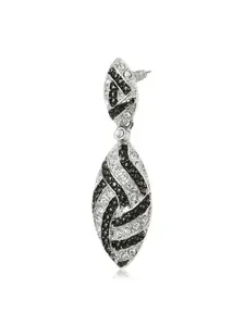 Estele Silver-Toned & Black Oval Rhodium-Plated Drop Earrings