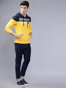 The Indian Garage Co Men Yellow & Navy Blue Colourblocked Hooded Sweatshirt