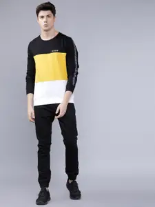 The Indian Garage Co Men Black & Yellow Colourblocked Hooded Sweatshirt