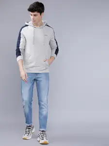 The Indian Garage Co Men Grey Melange & Navy Blue Colourblocked Sweatshirt