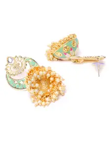 Priyaasi Green & White Gold-Plated Handcrafted Kundan-Studded & Beaded Dome Shaped Jhumkas