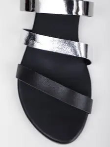 Vishudh Women Black & Silver-Toned Colourblocked Open Toe Flats