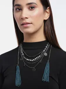 RICHEERA Women Oxidised Teal Blue & Silver-Toned Beaded Layered & Tasselled Necklace
