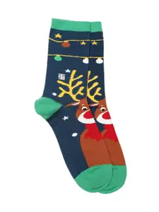SockSoho Men Navy & Brown Reindeer Patterned Above Ankle-Length Socks