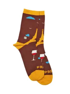 SockSoho Men Brown & Mustard Yellow Eiffel Tower Patterned Above Ankle-Length Socks