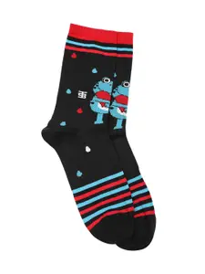 SockSoho Men Black & Blue Striped & Frog Patterned Above Ankle-Length Socks
