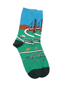 SockSoho Men Green & Blue Patterned Above Ankle-Length Socks