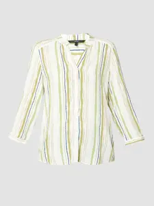 Vero Moda Women White & Sea Green Striped High-Low Top