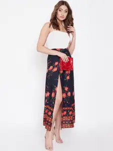 Berrylush Navy Blue & Red Floral Print A-Line Maxi Skirt