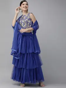 DIVASTRI Blue & Gold-Toned Embroidered Semi-Stitched Lehenga & Unstitched Blouse with Dupatta