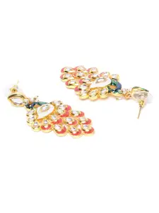 Golden Peacock Orange & Green Gold-Plated Meenakari-Work Peacock Shaped Drop Earrings