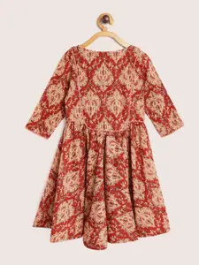 Sangria Girls Rust Red & Beige Pure Cotton Ethnic Printed Fit & Flared Dress