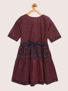 Sangria Girls Navy Blue & Red Cotton Chevron & Abstract Print Tiered Fit & Flare Dress