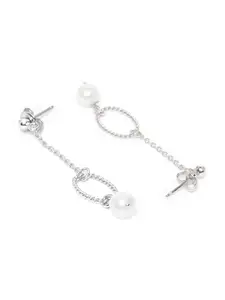 Carlton London Silver-Toned & White Rhodium-Plated Beaded Oval Drop Earrings