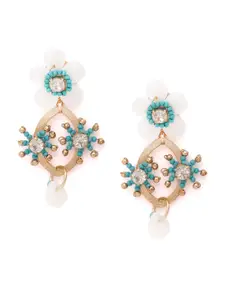 Carlton London Blue & White Gold-Plated Stone Studded & Beaded Contemporary Drop Earrings