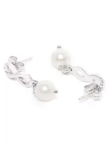 Carlton London Silver-Toned & White Rhodium-Plated Beaded Infinity Shaped Drop Earrings