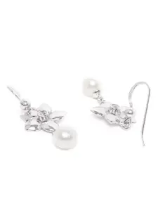 Carlton London Silver-Toned & White Rhodium-Plated Beaded Floral Drop Earrings
