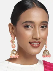 Zaveri Pearls Peach-Coloured Gold-Plated Enamelled Studded Peacock Shaped Jhumkas