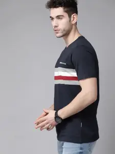 Roadster Men Navy Blue Striped Pure Cotton Round Neck T-shirt
