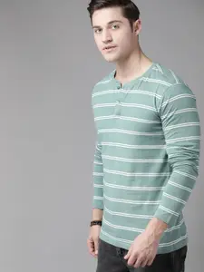 Roadster Men Green & White Pure Cotton Striped Henley Neck T-shirt