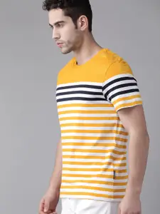 Roadster Men Mustard Yellow & White Striped Round Neck T-shirt