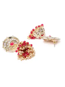 Priyaasi Red & White Gold-Plated Handcrafted Kundan-Studded & Beaded Dome Shaped Jhumkas