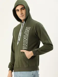 VEIRDO Men Olive Green Printed Hooded Sweatshirt