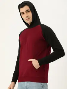 VEIRDO Men Maroon & Black Colourblocked Hooded Sweatshirt
