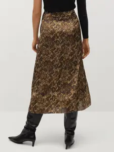 MANGO Women Olive Green & Black Snakeskin Print Pleated Midi A-line Skirt
