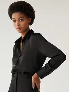 MANGO Women Black Solid Regular Fit Casual Shirt with Satin Finish