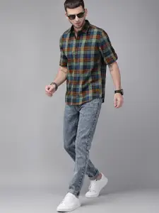 Roadster Men Teal Blue & Orange Regular Fit Checked Sustainable Casual Shirt