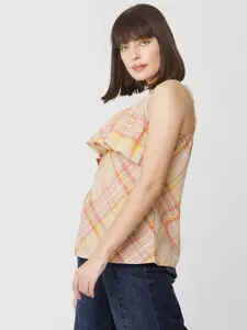 Vero Moda Women Peach-Coloured & Orange Checked Layered Cotton Top