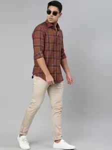 Tommy Hilfiger Men Rust Orange & Purple Regular Fit Checked Casual Shirt