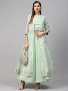 Biba Women Sea Green & Yellow Printed Crop Top with Skirt & Longline Ethnic Jacket