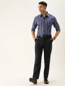 Hancock Men Navy Blue Slim Fit Striped Formal Shirt