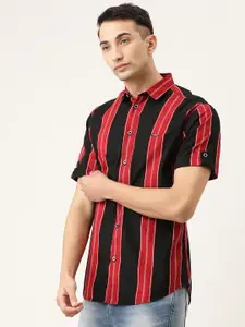 The Indian Garage Co Men Black & Red Slim Fit Striped Casual Shirt