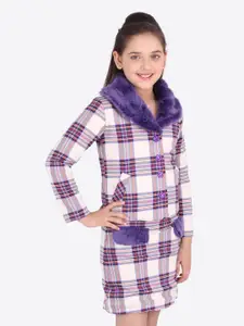 CUTECUMBER Girls Purple & Beige Checked Coat with Skirt