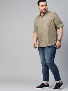 DENNISON Men Beige & Blue Twill Weave Smart Slim Fit Checked Casual Shirt