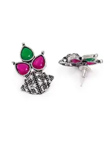 AccessHer Green & Pink Oxidized Silver-Plated Oversized Studded Leaf Shaped Studs