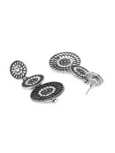 AccessHer Oxidized Silver-Plated Studded Filigree Circular Drop Earrings