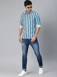 U.S. Polo Assn. Men White & Blue Tailored Fit Striped Casual Shirt