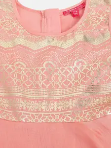 Biba Girls Peach-Coloured & Golden Ethnic Motifs Print Layered Maxi Dress