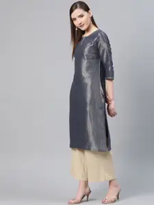 W Women Navy Blue & Golden Zari Woven Design Straight Kurta