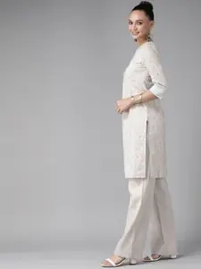 W Women Beige & Blue Ethnic Printed Pure Cotton Kurta