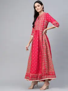 W Women Pink & Green Printed Anarkali Layered Maxi Dress