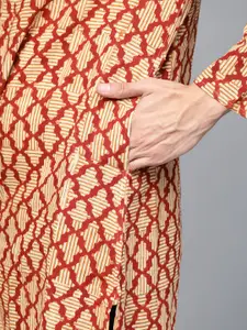 Fabindia Men Maroon & Cream-Coloured Bagru Hand Block Printed Pure Cotton Straight Kurta