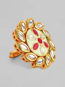 Rubans Women 24K Gold-Plated White Kundan & Enamel Studded Adjustable Finger Ring